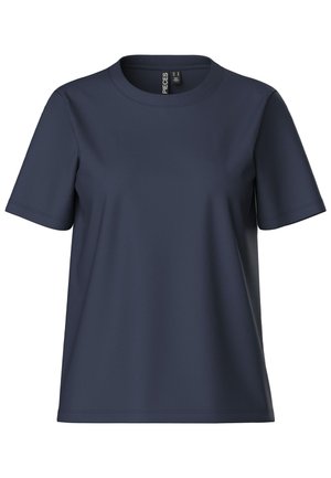 Mørkeblå kortermet t-skjorte laget av glatt materiale; rund hals og løs passform uten synlige mønstre eller detaljer.