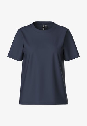 T-shirt azul marinho de manga curta, feito de material suave; decote redondo e corte solto, sem padrões ou detalhes visíveis.