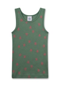 Groene tanktop van zacht materiaal, versierd met roze sterpatronen, met een ronde halslijn en afgewerkte randen.