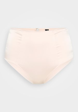 Mutande high-waisted beige con una texture liscia, cintura elastica e senza motivi visibili. Presenta una chiusura posteriore discreta.