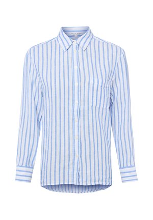 Chemise à manches longues avec boutonnage, rayures verticales bleu clair et blanches, poche poitrine côté gauche, et col pointu.