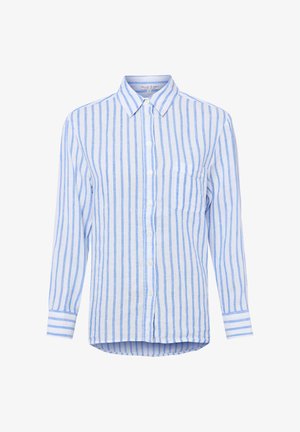 Overhemd met lange mouwen en knopen, lichtblauwe en witte verticale strepen, borstzak aan de linkerkant en een puntige kraag.