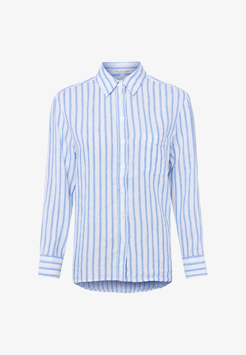 Langärmeliges Hemd zum Knöpfen mit hellblauen und weißen vertikalen Streifen, Brusttasche auf der linken Seite und spitzem Kragen.