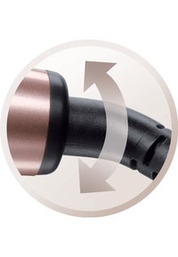 Un tuyau en plastique noir courbé avec un accent rose doré métallique à l'extrémité, montrant un mécanisme réglable avec un graphique de flèche circulaire.