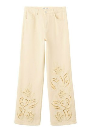 Pantalones color crema de pierna ancha con bordado floral recortado en la parte inferior de las piernas y en los bolsillos delanteros.