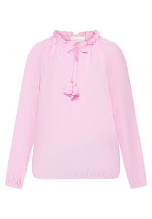 Light pink long-sleeve blouse with ruffled neckline and tassel tie detail, gathered elastic cuffs and hem, soft fabric.