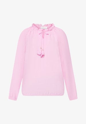 Light pink long-sleeve blouse with ruffled neckline and tassel tie detail, gathered elastic cuffs and hem, soft fabric.