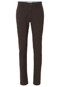 Chinos in cotone marrone con una vestibilità slim, caratterizzati da una chiusura frontale con bottone, passanti per cintura e un classico design a quattro tasche.
