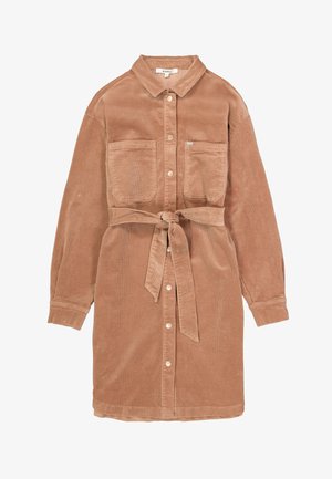 Kordhemdkleid in Hellbraun, mit Kragen, Knopfleiste, zwei Brusttaschen, langen Ärmeln und einem Stoffgürtel in der Taille.