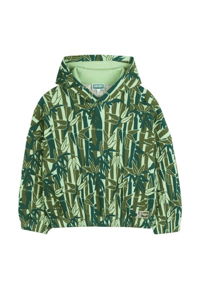Pull à capuche vert et menthe avec un motif rayé texturé ornée de motifs de feuilles. Poignets et ourlet élastiqués avec une étiquette de marque en bas.