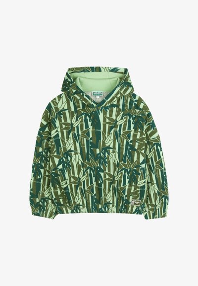 Pull à capuche vert et menthe avec un motif rayé texturé ornée de motifs de feuilles. Poignets et ourlet élastiqués avec une étiquette de marque en bas.
