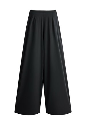 Pantalon noir à jambes larges avec taille haute et tissu fluide, présenté sur fond blanc.