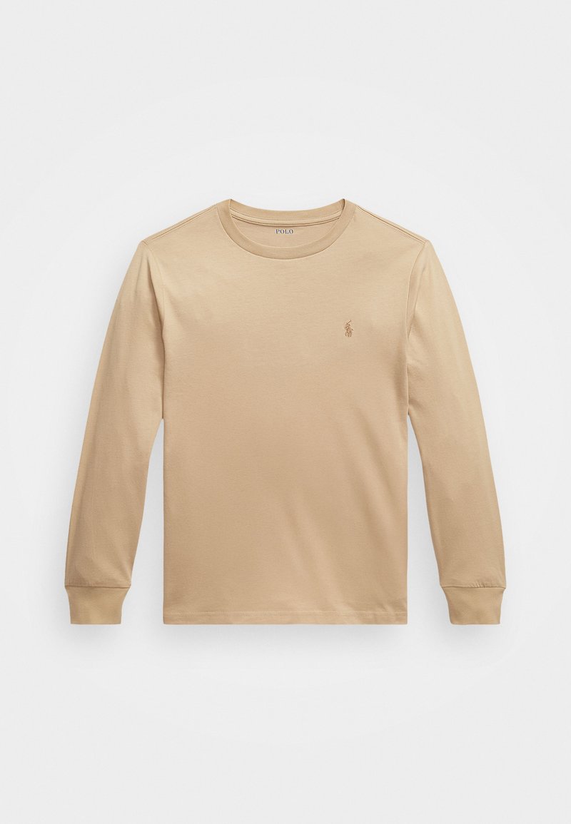 Μπεζ μακρυμάνικη μπλούζα από βαμβάκι με στρογγυλή λαιμόκοψη και διακριτό κέντημα λογότυπου στο αριστερό στήθος. Λείο ύφασμα, εφαρμοστές μανίκες.