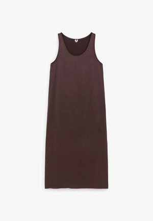 Robe marron foncé sans manches, longueur genou, avec encolure dégagée et coupe droite, posée à plat sur fond blanc.