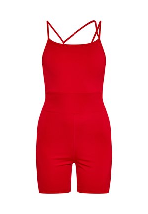 Body roșu fără mâneci, cu bretele încrucișate, design ajustat și talie înaltă. Este fabricat dintr-un material elastic, având o textură netedă.