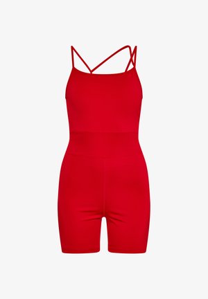Body roșu fără mâneci, cu bretele încrucișate, design ajustat și talie înaltă. Este fabricat dintr-un material elastic, având o textură netedă.
