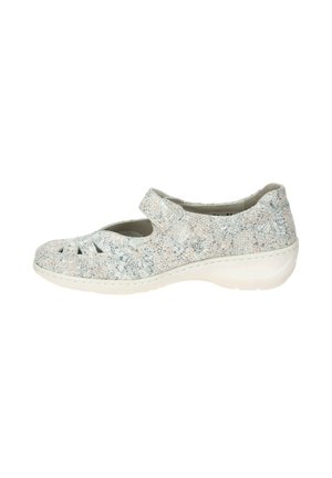 Women's light gray patterned Mary Jane shoe with Velcro strap, cut-out design, and cushioned white sole for comfort.