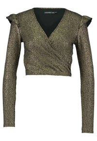 Schwarzes und goldenes metallisches Crop-Top mit langen Ärmeln, tiefem V-Ausschnitt und Rüschendetails an den Schultern. Texturiertes Schimmermuster im gesamten Top.