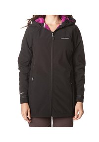 Schwarze wasserdichte Jacke mit pinkem Fleece-Innenfutter, durchgehendem Reißverschluss und verstellbarem Kapuze. Mit seitlichen Reißverschlusstaschen und Klettverschluss-Manschetten.