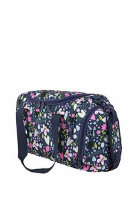 Duffle bag with dark blue fabric adorned with colorful floral and butterfly patterns, featuring dual top handles and a zippered closure.
