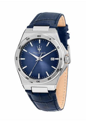 Orologio da polso Maserati in acciaio inox con quadrante blu testurizzato, indici argentati, finestra del datario alle 3 e cinturino in pelle blu.