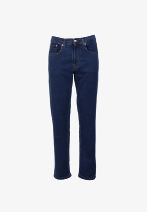 Granatowe dżinsy o prostym kroju, pięć kieszeni, kontrastowe pomarańczowe szwy oraz zapięcie na guzik w pasie.