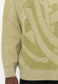 Lichtgroene gebreide trui met een textuurpatroon, met verschillende tinten groen. Ribgebreide manchetten en onderrand, zacht aanvoelend en een relaxte pasvorm.