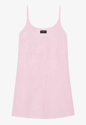 Top senza maniche di un delicato rosa chiaro, con sottili spalline, scollatura a V e un tessuto leggermente strutturato. Presenta cuciture verticali per dettagli di design.