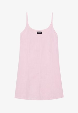 Gaiši rozā bezšķiedru tops ar plānām siksniņām, V veida kakla izgriezumu un nedaudz strukturētu audumu. Iespējas vertikālās šuves kā dizaina elements.