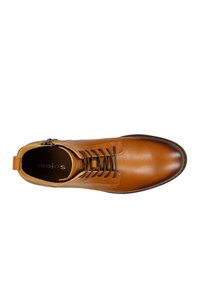 Stivaletto in pelle marrone con lacci anteriori e cerniera laterale. Caratterizzato da una texture liscia, punta rotonda e un tacco piccolo. Include un logo del marchio all'interno.