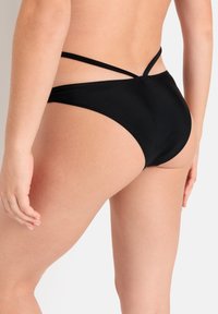 Calcinhas de biquíni pretas com um corte médio, apresentando duas tiras finas nas costas e uma textura suave e mate. Sem padrões ou detalhes visíveis.