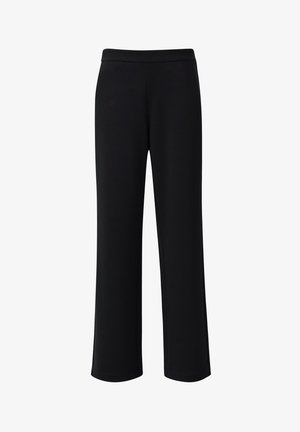 Black wide-leg pants made from soft, stretchy fabric. Features a smooth waistband and a clean finish at the hem. No visible patterns or accents.