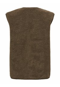 Veste sans manches marron en tissu polaire texturé. Design simple avec un col rond et une surface douce et uniforme.