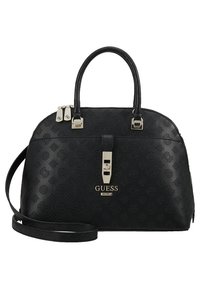 Sac à main noir Guess avec motif logo embossé, doubles poignées, fermoir avant et bandoulière amovible.