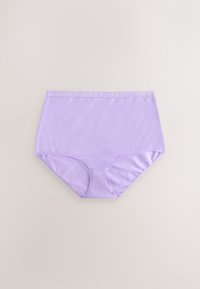 Lilkové bavlnené nohavičky s vysokým pásom a bezšvovým pásom s opakujúcim sa slovom „NEXT“ v o niečo svetlejšom lila odtieni.
