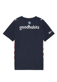 Mornarski kratki rukav majica s "goodhabitz" logom u bijeloj boji, s crvenim i bijelim uzorkom na stranama. Sportski dizajn, glatka tekstura.