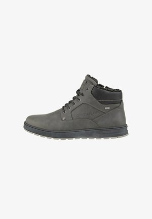 Herren-Ankle Boots in Grau aus Leder mit einem gefütterten Kragen aus Fell, dekorativen Nähten und einer strukturierten Gummisohle.