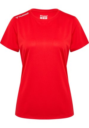 Red short-sleeve t-shirt made of breathable fabric, featuring a round neckline and logo detail on the left shoulder. Smooth texture.