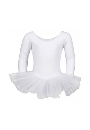 White ballet leotard with long sleeves and a round neckline, featuring a layered white tulle tutu skirt at the waist. Smooth texture.