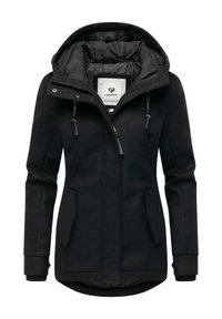 Veste d'hiver noire à capuche avec fermeture éclair à l'avant, boutons-pression, deux poches latérales et cordons de serrage réglables sur la capuche.
