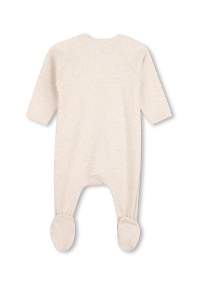 Body pour bébé à manches longues de couleur crème avec pieds intégrés, en tissu doux, présenté de dos sur un fond blanc.