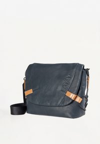 Dark blue leather messenger bag with tan straps and black adjustable shoulder strap, embossed with "a/u" on the front flap.