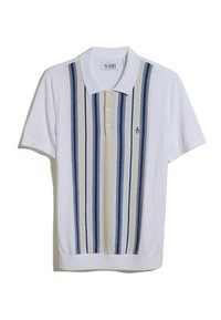 Kurzarm-Poloshirt in Weiß mit vertikalen Streifen in Marineblau und Beige, ausgestattet mit einem klassischen Kragen und einer Knopfleiste mit drei Knöpfen.