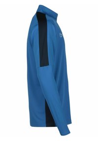 Blaue Langarmbluse mit hohem Kragen, schwarzen seitlichen Einsätzen und einem kleinen weißen Logo auf der Brust. Weicher, glatter Stoff.