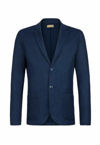 Granatowa marynarka z fakturowanej tkaniny, z klapami, na dwa guziki i dwiema przednimi kieszeniami. Czysty design, dopasowany krój.