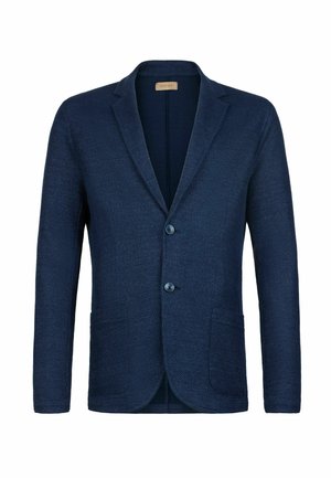 Granatowa marynarka z fakturowanej tkaniny, z klapami, na dwa guziki i dwiema przednimi kieszeniami. Czysty design, dopasowany krój.