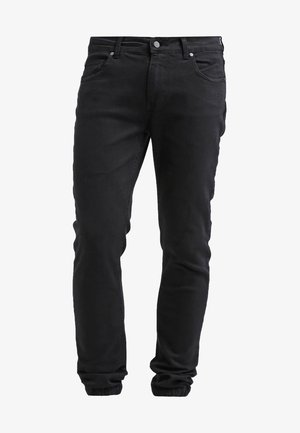 Jean en denim noir à coupe slim, avec cinq poches, une fermeture à bouton et des détails de couture subtils. Texture douce et finition lisse.