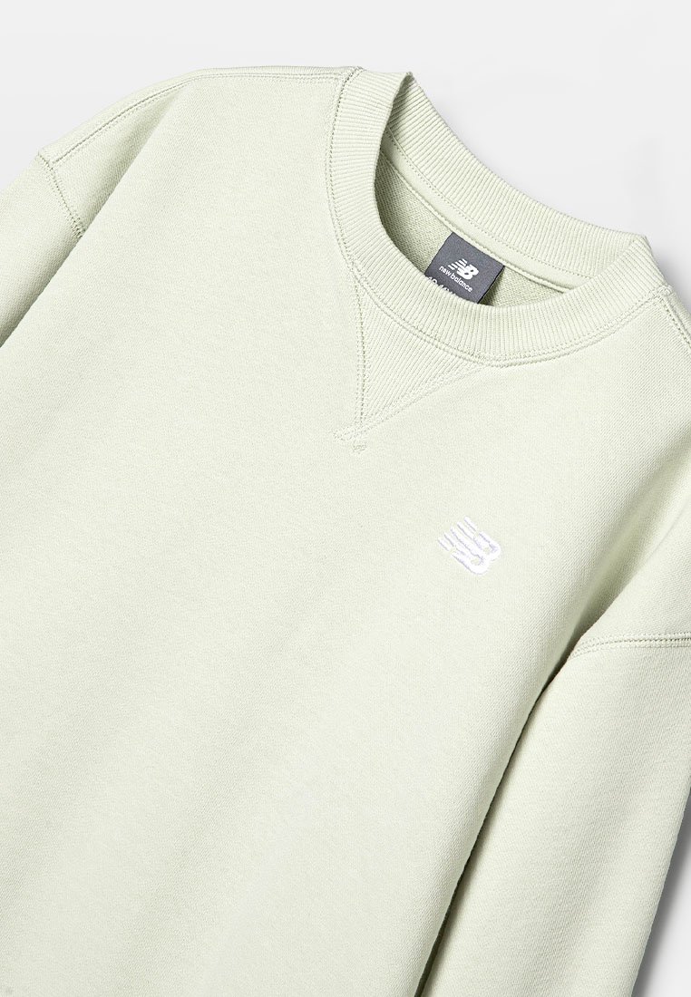 Felpa verde chiaro con collo rotondo, polsini a costina e un piccolo logo bianco sul petto. Materiale in morbido cotone con un design minimalista.