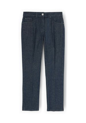 Jeans denim blu scuro a gamba dritta con tasche anteriori, passanti per cintura e chiusura con bottone in vita.