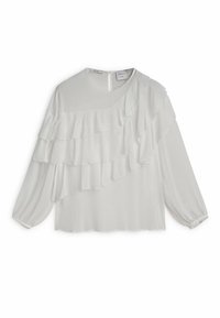 Blusa bianca con volanature sovrapposte nella parte anteriore, maniche lunghe e dettaglio a chiave sul retro. Realizzata in tessuto leggero e fluido.